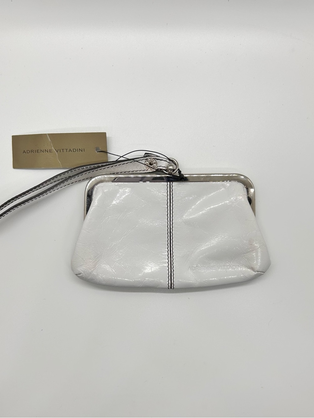New Adrienne Vittadini White Leather Wristlet Coin Purse with Center Stitching